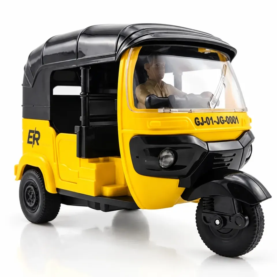 Friction-powered auto rickshaw toy moulded at the Sachin GIDC plant